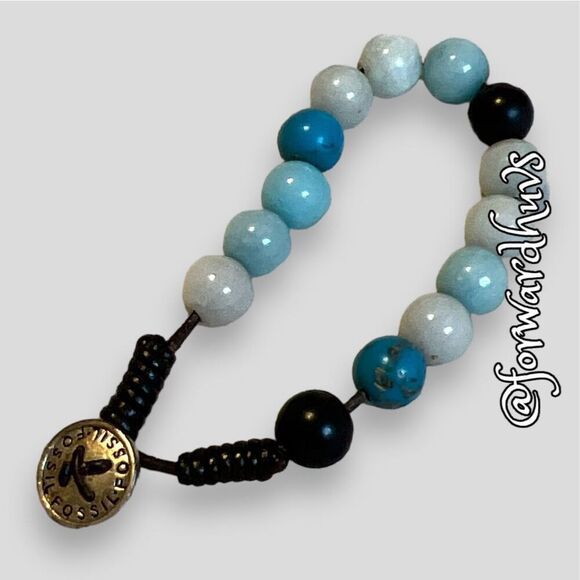 Blue Stone Fossil Brand Bracelet on Brown Cord - Picture 1 of 10
